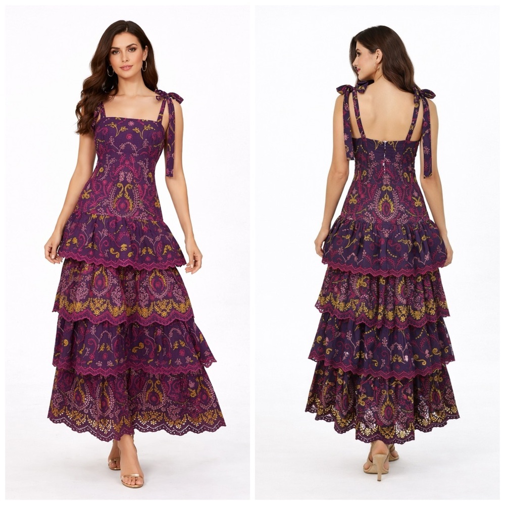 Marchesa Rosa Santal Embroidered Cotton Maxi Dress Tiered Purple Multi Size 4​